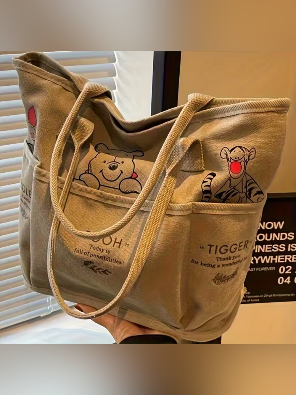 Vintage Beige Winnie the Pooh & Tigger Canvas Tote